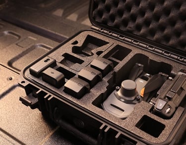 Dron multiespectral en caja de protección. Monitoreo de salud vegetal y análisis de cultivos en finca de Mallorca.