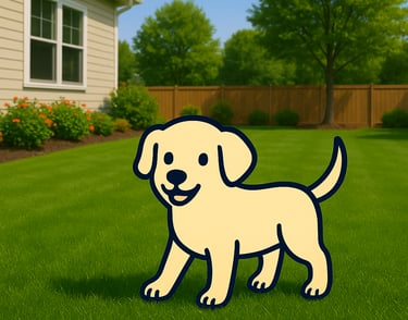 Cartoon dog happily wagging tail in a tidy residential yard, representing Doo Ing It pet waste remov