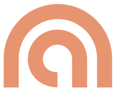 Logo minimaliste affichant les lettres n et a en arc-en-ciel avec des courbes géométriques.