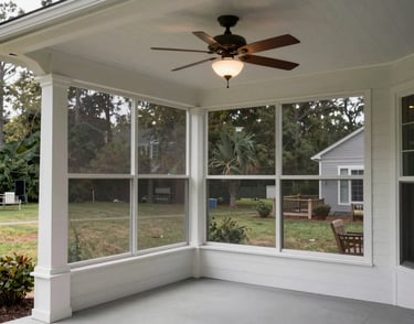 Environmental daylight photograph of a finished screened porch addition on a suburban Delaware home — white-painted columns, ceiling fan, view through the screen to the backyard, soft overcast light