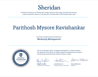 Parithosh Mysore Ravishankar's Sheridan college Marketing management post grade certificate 