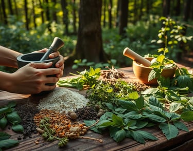 various herbs on wooden board, person holding mortar and pestle