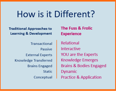 Traditional Approaches to Learning and Development compared to the Fuss & Frolic Experience. 