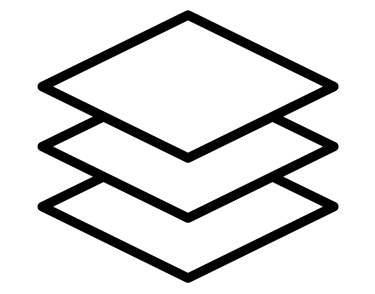 Black line icon of three stacked layers representing software levels or design documents.