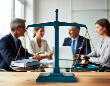 personas trabajando y al frente una balanza de ética