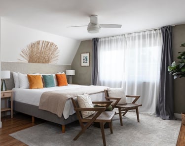 a bedroom with a bed and a chair