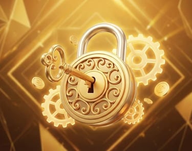 "3D ilustracija zlatnog katanca i ključa sa novčićima za Gold escape room paket."