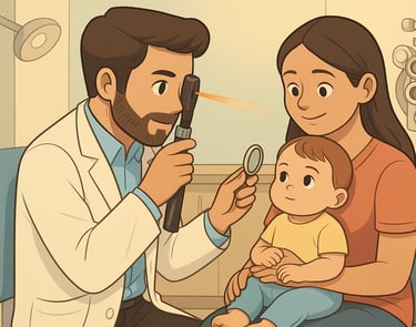 Bebê de 7 a 9 meses no colo da mãe durante exame oftalmológico com retinoscópio e lente