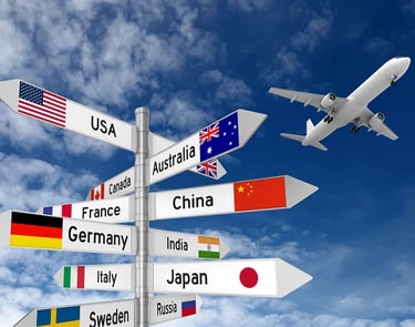 a plane flying over a sign post with a plane in the background