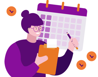a woman holding a clipboard with a calendar and a pen