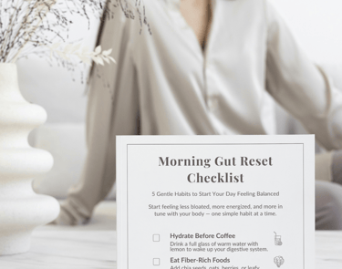 Printable gut health reset checklist with a woman sitting on a bed, supporting digestive wellness an