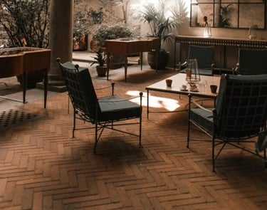 Decorative concrete floor restaurant with brick pattern patio