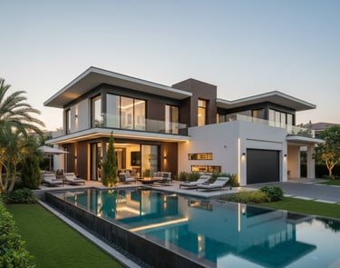 Luxurious villa with a large swimming pool and modern architecture.