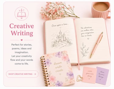Creative writing journals and stationery on a pink desk with flowers and coffee.
