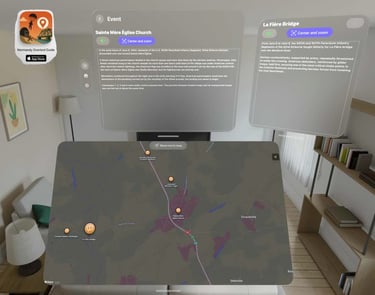 Virtual info panels and map of Sainte Mère Èglise Church on Normandy Overlord Guide on Apple Vision Pro