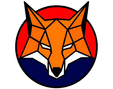 Geometric orange fox head logo in a red and blue circle.