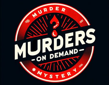 Circular red and black logo for Murders on Demand mystery brand with a blood drop question mark.