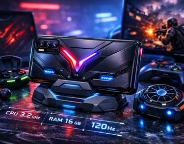 Smartphone gamer preto com iluminação RGB em uma base de resfriamento, cercado por acessórios 