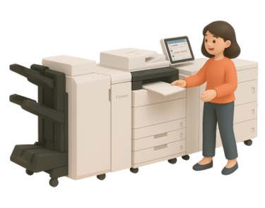 Imprenta gráfica minimalista 3D, mujer feliz usando máquina de impresión digital, servicios de impresión en Lima Perú