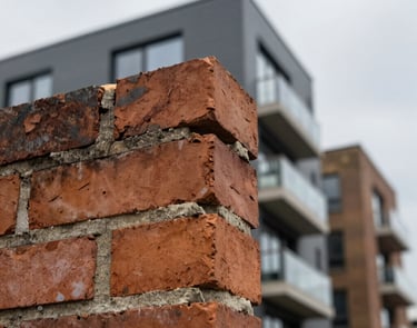 Macro close-up of a construction defect showing misaligned brickwork and compromised mortar joints on a modern London apartment exterior, overcast daylight.