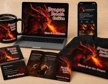 Dragon Breath Coffee branding featuring a red dragon logo on a laptop, mug, t-shirt, and business cards.