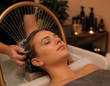 Woman enjoying a relaxing Japanese head spa with flowing water ring and scalp massage at Aveira Spa