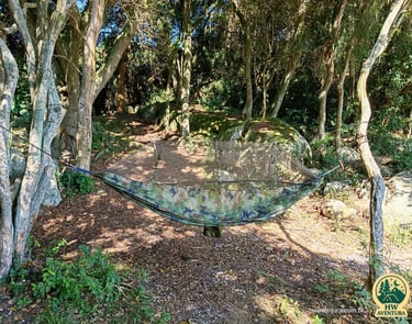 Rede de selva com tela mosquiteiro montada em meio à mata