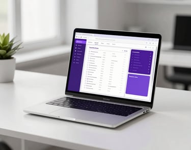 Minimalist workspace in a bright office in Milan, Southern European setting. A sleek modern laptop on a white desk displays a clean digital marketing dashboard with medium purple interface elements. Professional lighting, sharp focus, high-end corporate photography style.