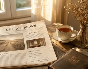 Church news newsletter on a wooden table with a Holy Bible, cup of tea, and dried flowers in sunligh