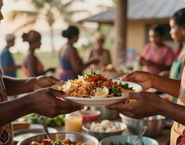 Close-up of hands sharing a warm plate of food in a vibrant community kitchen, tropical golden-hour light, 35mm documentary style.