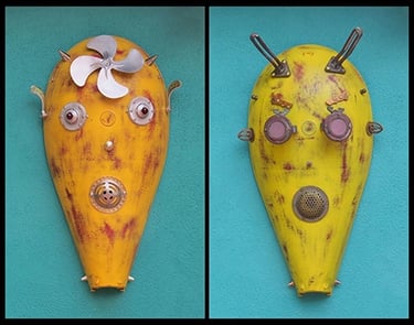 Assemblage robot heads named Minions built by artist Tal Avitzur.