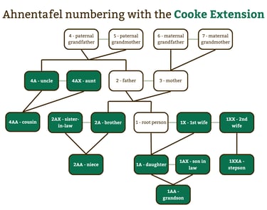 Diagram of the Cooke Extension to the Ahnentafel numbering system