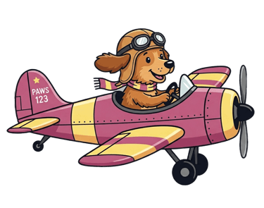 Un simpático perro piloto de dibujos animados volando un avión antiguo rosa y amarillo con gafas.