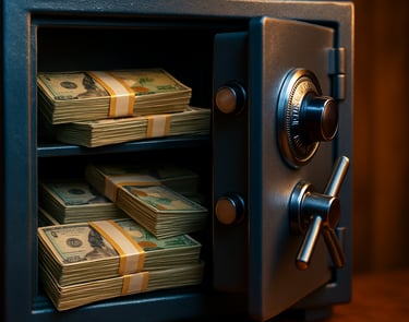 Graphic of a safe or vault with money inside
