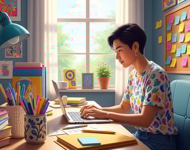 Young freelancer working at a colorful desk in a bright home office