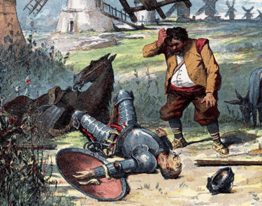 Illustration of Don Quixote fallen after fighting windmills, symbolizing Cervantes' famous literary 