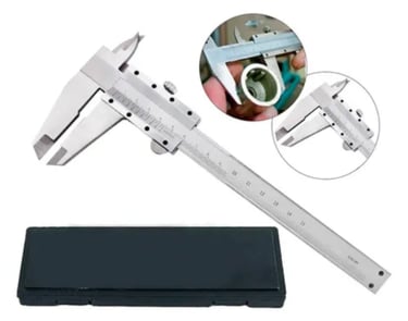 Precision stainless steel vernier caliper tool with case for accurate metric measurements.