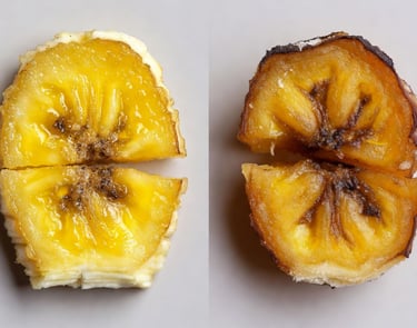 Mano sosteniendo un chip de plátano frito y duro, al lado de un trozo de plátano deshidratado flexible y gomoso