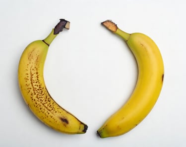 Mano sosteniendo un plátano de Canarias pequeño y curvo con motitas negras, al lado de una banana grande, recta y pálida