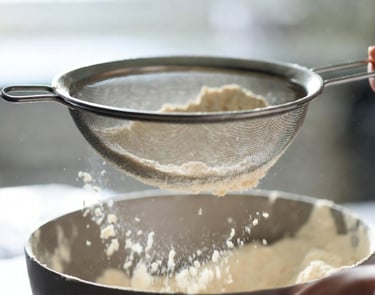 Manos tamizando harina de almendra sobre un bol grande, separando el polvo fino de los trozos grandes de almendra