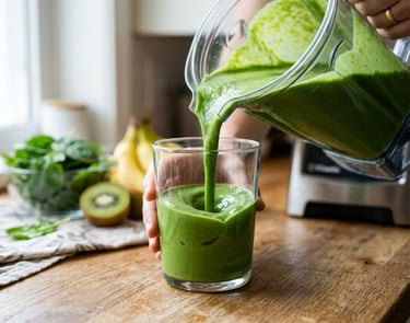 Acción de servir un batido verde desde la jarra al vaso, mostrando una textura perfectamente lisa y sedosa