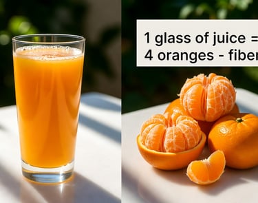 Vaso de zumo de naranja al lado de 4 naranjas enteras (la cantidad necesaria para llenar el vaso),