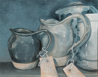 Jugs and juncture. Oil on linen. 20 x 25 cm. Sold