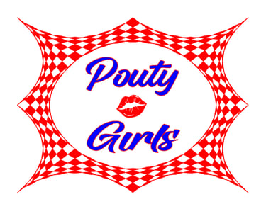 Pouty Girls logo featuring blue cursive text and red lips inside a red checkered picture frame.