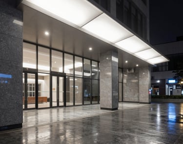 High-contrast architectural shot of a Class-A corporate lobby at night, polished dark stone floors reflecting bright overhead halogen lights, clean lines, pristine and empty.