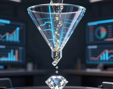 Illustration of a user journey funnel with clear steps leading to successful conversions on a dark-themed dashboard.
