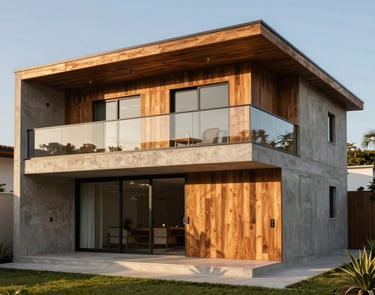 Fachada de casa contemporânea de dois andares com acabamento em madeira e concreto, luz natural do fim de tarde