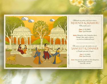 a wedding invitation with a couple of people sitting on a bench