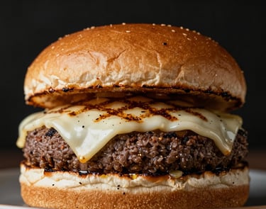 Close-up of a premium burger with grilled white cheese, dark background, dramatic studio lighting