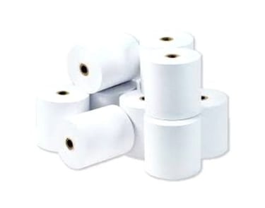 Stack of white thermal receipt paper rolls for point of sale printers.